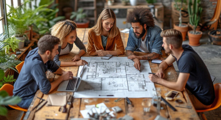 Architects reviewing modern building blueprints in a design studio.