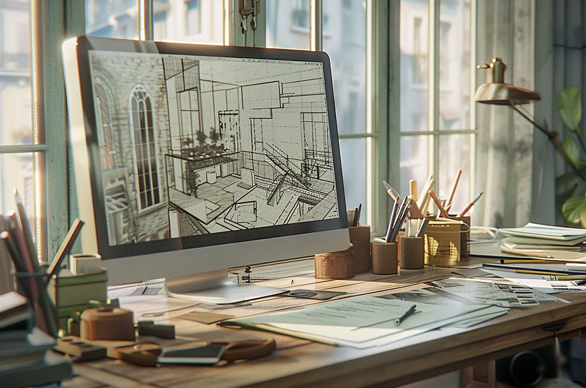Architectural sketches and 3D design software on a workstation.