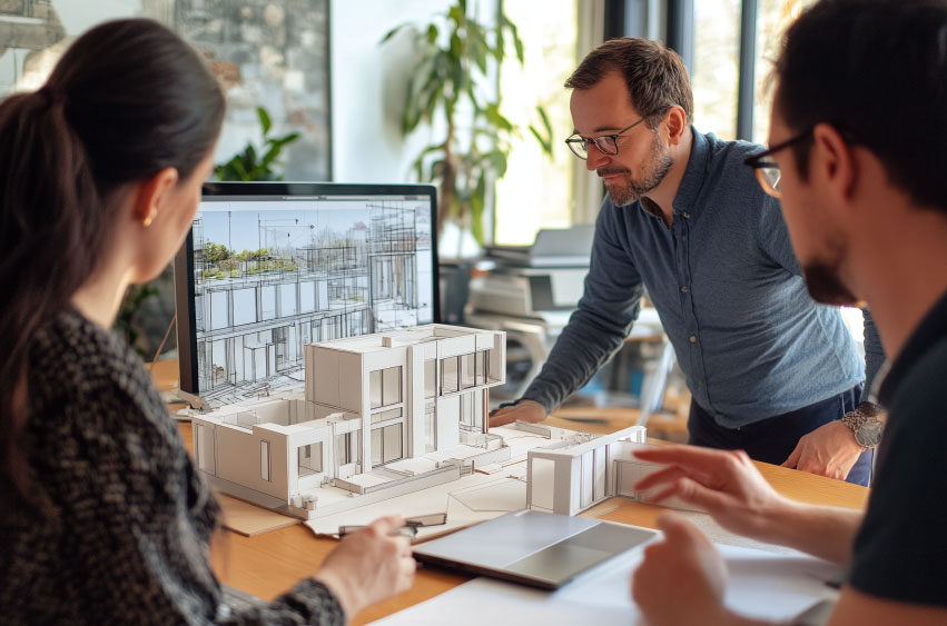 Architect presenting a 3D model of a bespoke home.
