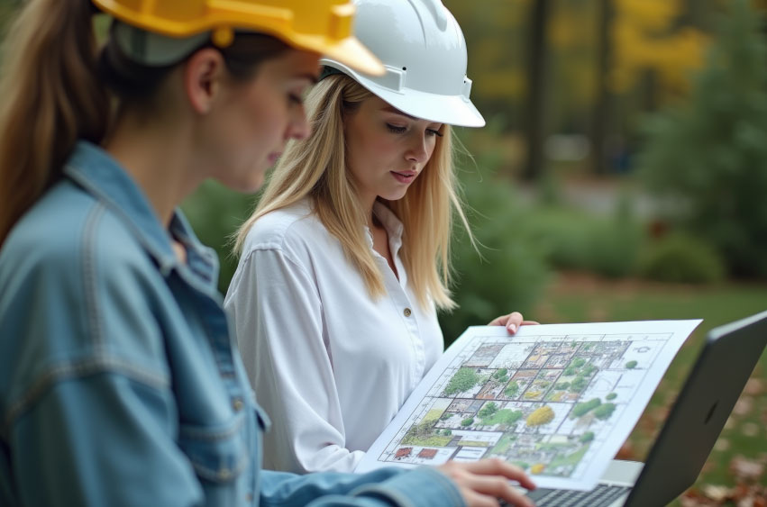 Engineers and architects reviewing site plans on a construction site.