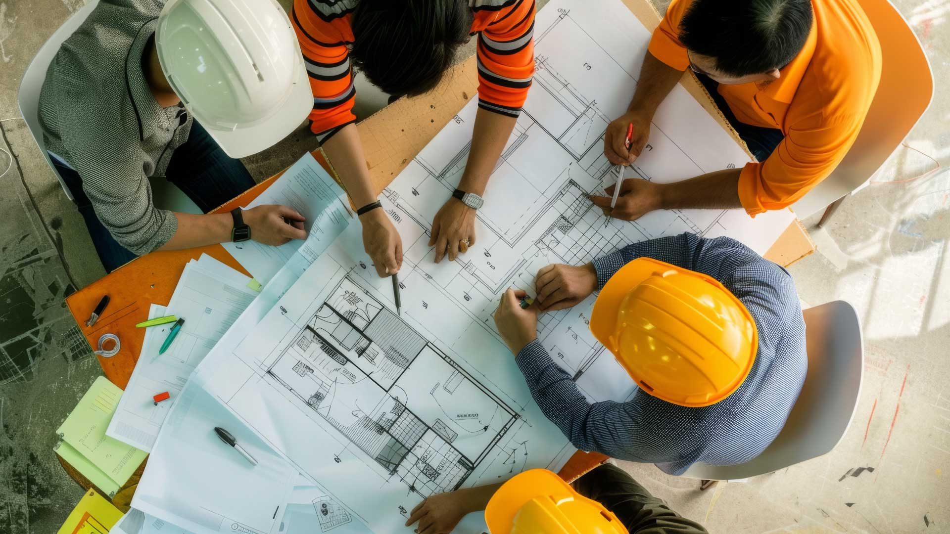 Construction team analysing blueprints for a home extension.
