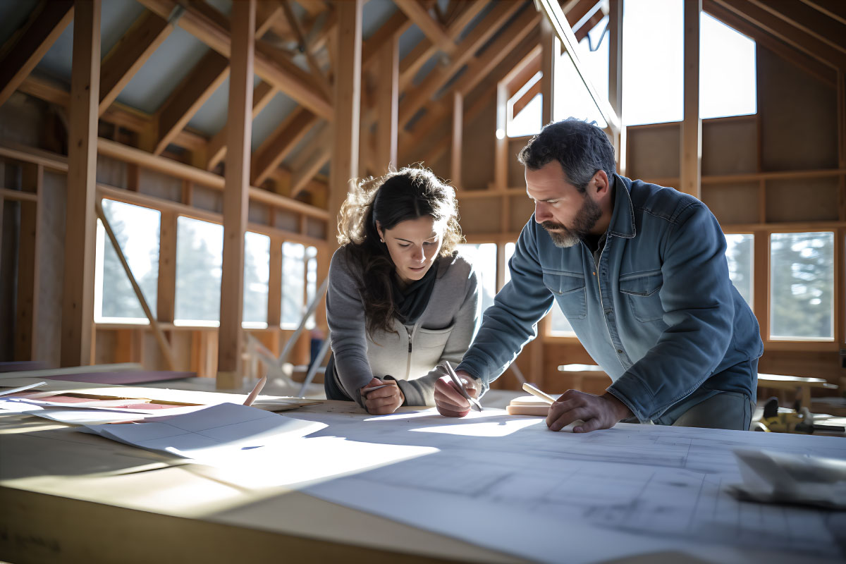 Architect examining loft conversion plans in an unfinished attic.