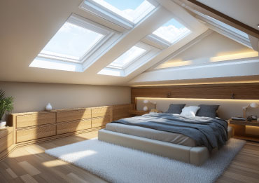 Contemporary loft bedroom with skylights and elegant interior design.