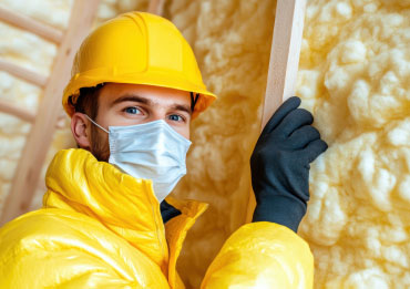 Builder fitting insulation in a loft conversion for energy efficiency.