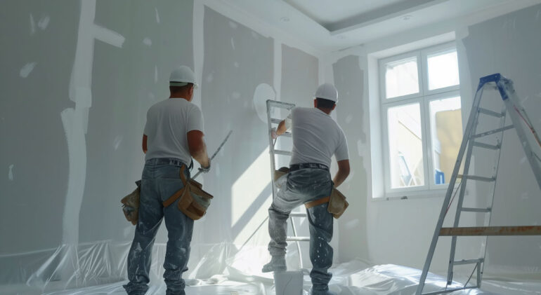 Renovation team working on a stylish living room refurbishment.