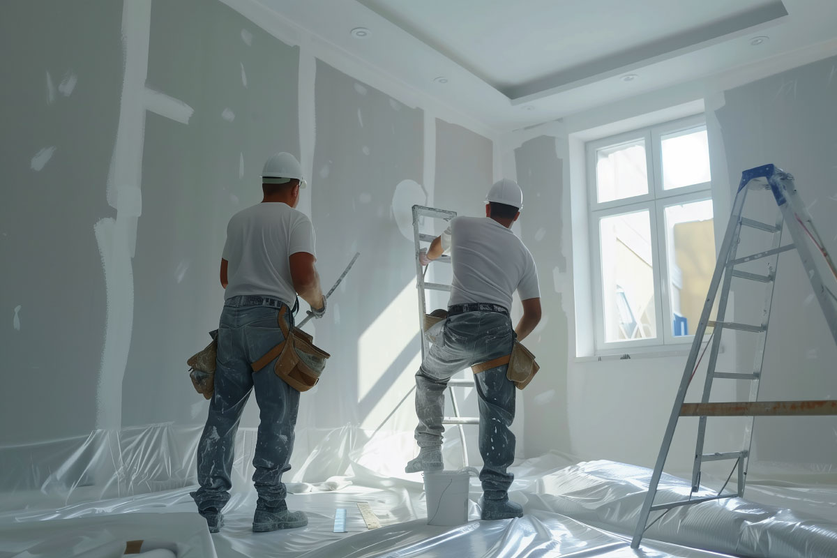 Renovation team working on a stylish living room refurbishment.