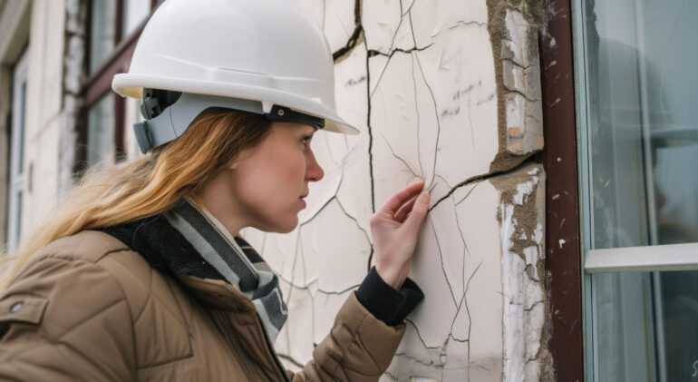 Engineer inspecting a cracked wall for structural damage.