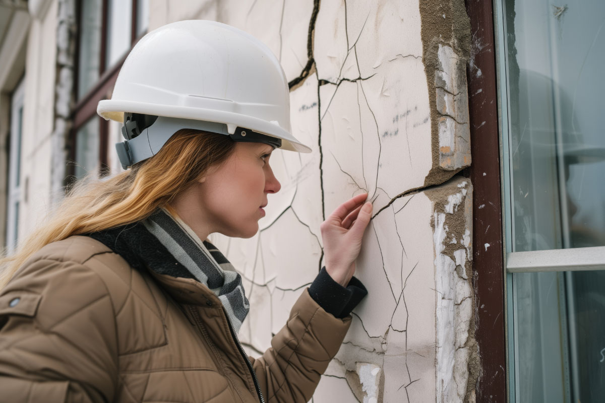 Engineer inspecting a cracked wall for structural damage.