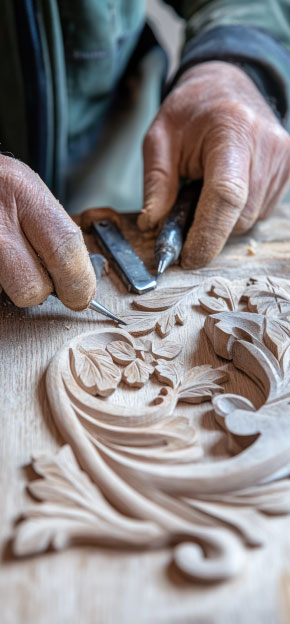 Craftsman restoring heritage woodwork in a historic renovation.