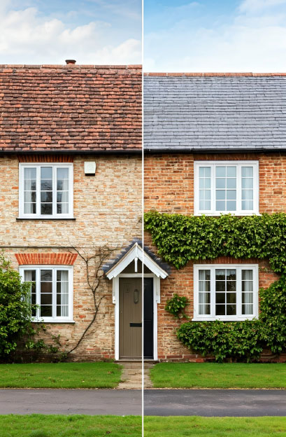 Before-and-after comparison of an exterior renovation.
