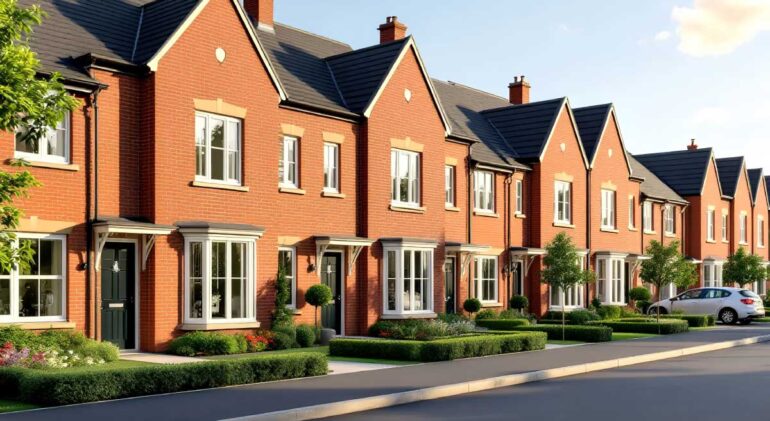 Contemporary terraced houses with front gardens and large windows.