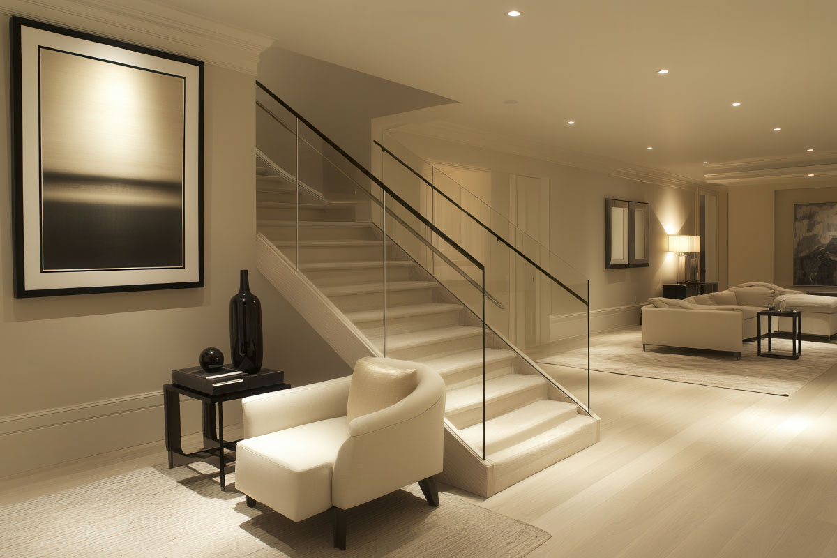 Stylish finished basement conversion with lounge seating and lighting.