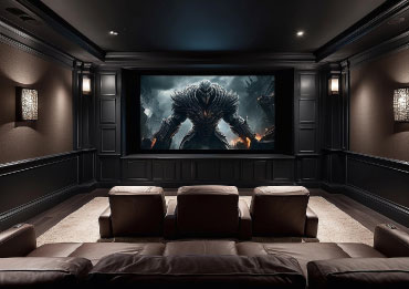 Basement home cinema with projector and luxury seating.