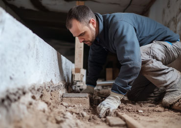 Construction worker applying damp-proof membrane in a basement.