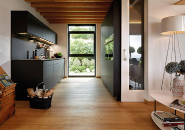 Eco home interior with recycled materials and passive lighting