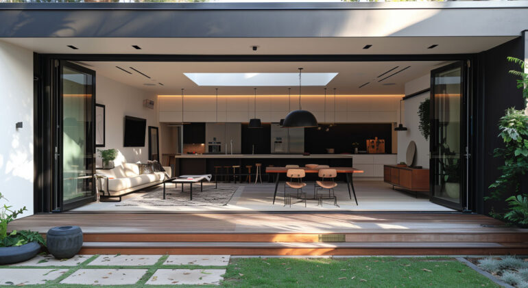 Contemporary kitchen extension with glass doors opening to garden