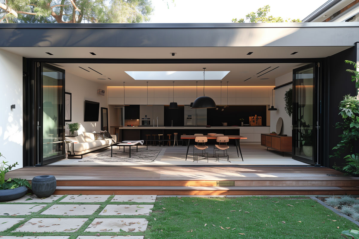 Contemporary kitchen extension with glass doors opening to garden