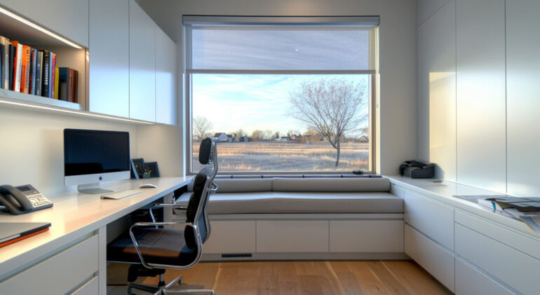 Converted garage into a home office with modern furnishings