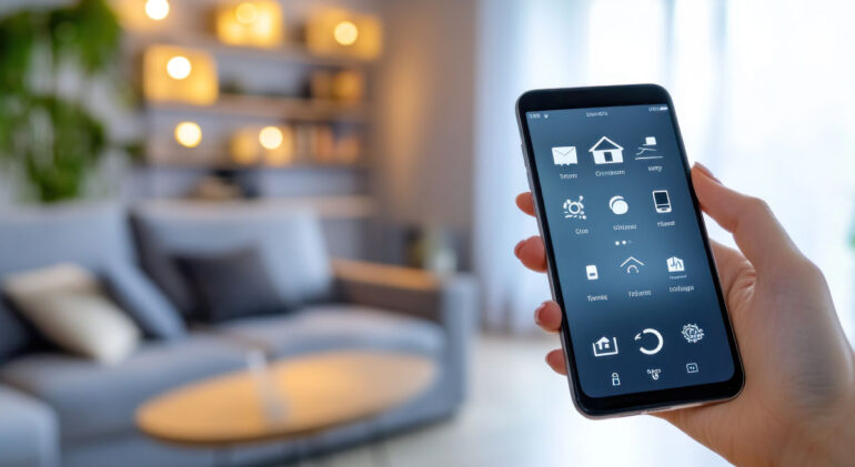 Homeowner using smartphone to control smart home devices