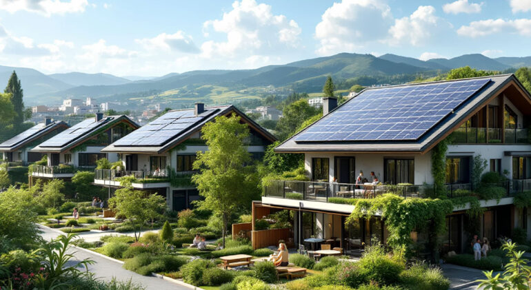 Eco-conscious housing development with solar panels and green landscaping